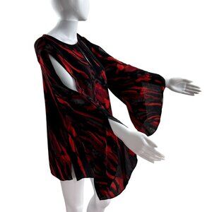 Halston Women M Red Black Abstract Witchy Long Bell Sleeve Fairy Blouse Boho Top